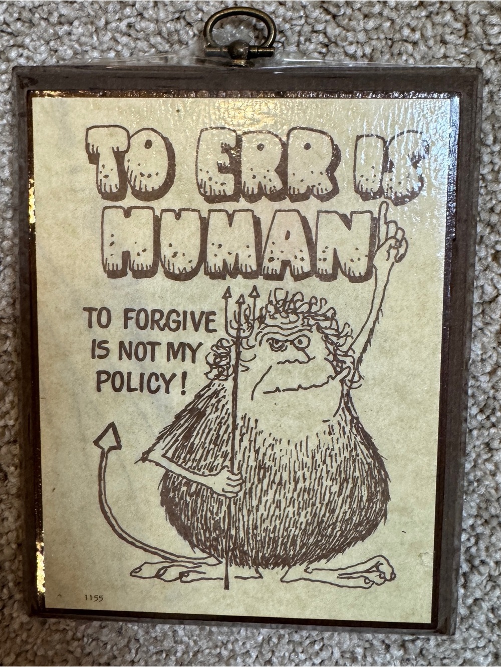 Vintage Style 'To Err Is Human' Devil Illustration Wall Plaque - Brown & Cream